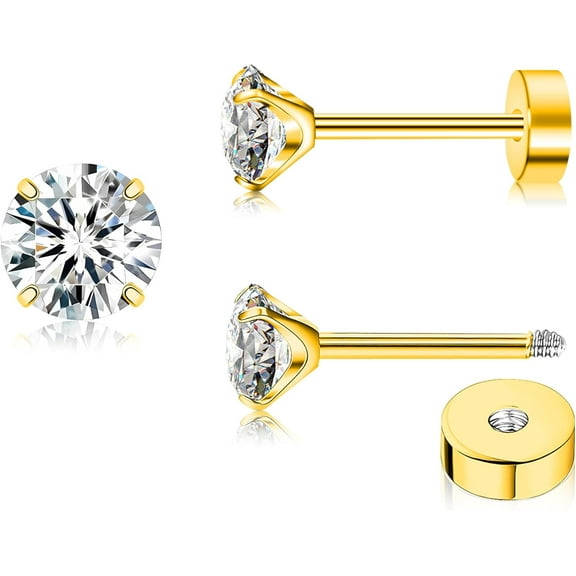 Women Flatback Earrings Cubic Zirconia Silver Stud Earrings Flat Back CZ Earrings Hypoallergenic Cartilage Flatback Earring Tragus Helix Tragus Conch Piercing 3/4/5/6/7/8mm