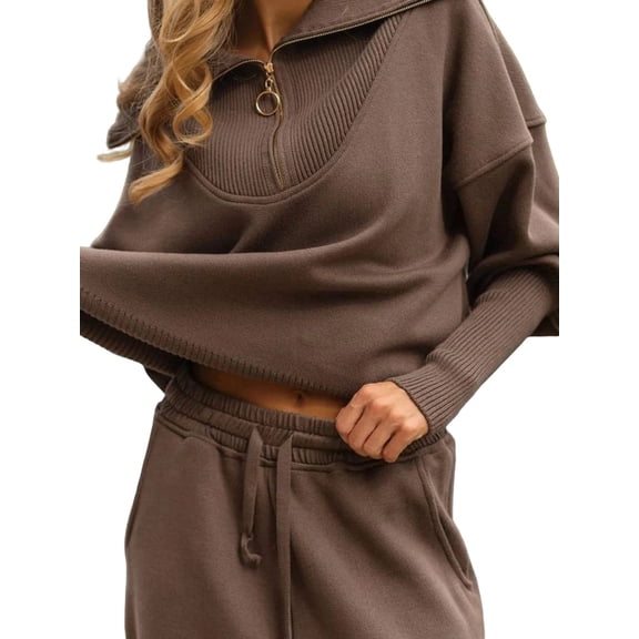 Women Fleece 2 Piece Outfits Sweatsuit Zip Up Pullover Sweatshirt Joggers Pants Tracksuit Set Brown M