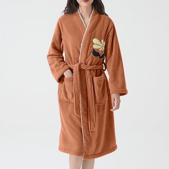Women Fleece Bathrobe Soft Fuzzy Winter Warm Bathrobe Absorbency Loungewear Fall Winter Thick Loungewear Gown Brown One Size