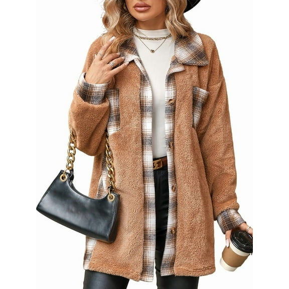 Women Fleece Button Down Plaid Long Coat Lapel Hooded Fleece Lined Jacket Fashion Color Block Tops Camel Color XL