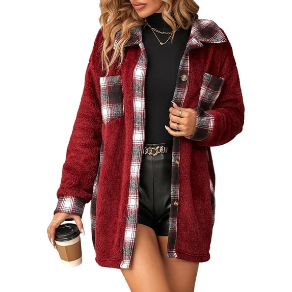 Women Fleece Button Down Plaid Long Coat Lapel Hooded Fleece Lined Jacket Fashion Color Block Tops Wine Red M