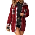 thumbnail image 1 of Women Fleece Button Down Plaid Long Coat Lapel Hooded Fleece Lined Jacket Fashion Color Block Tops Wine Red XXL, 1 of 8