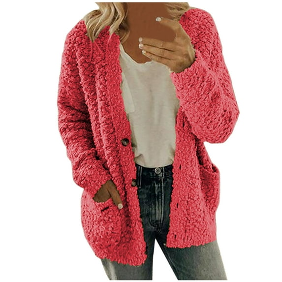 Women Fleece Cardigan Coat Fall and Winter Warm Sweater Coats Plus Size Loose Buttons Down Cardigan Outerwear