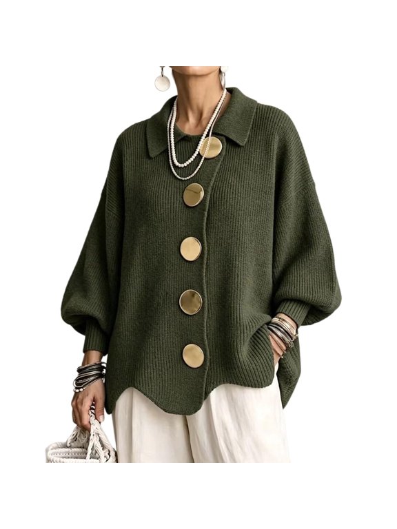 Women Fleece Cardigan Plus Size Collared Button Down Knit Long Oversized