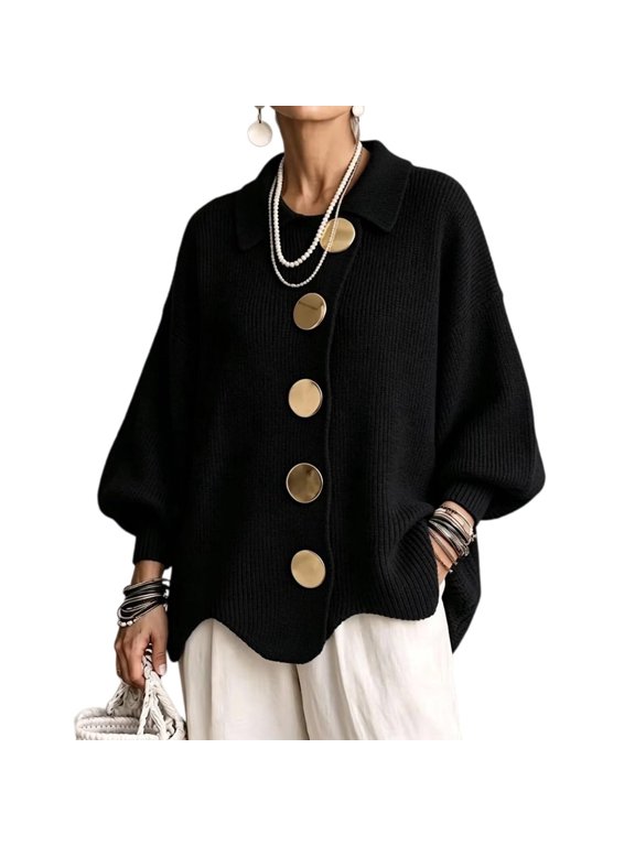 Women Fleece Cardigan Plus Size Collared Button Down Knit Long Oversized