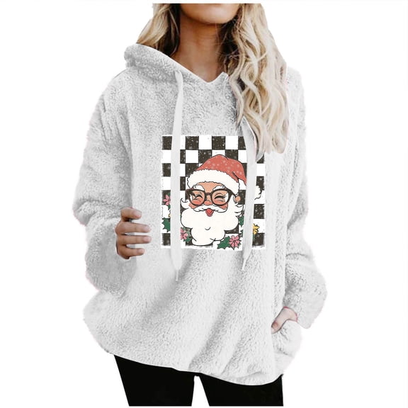 Women Fleece Christmas Hoodies Trendy Long Sleeve Fluffy Ultra Soft Xmas Santa Graphic Plaid Sweatshirt with Pocket