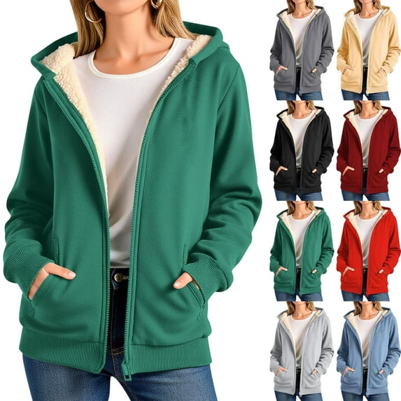 Women Fleece Coat Winter Warm Casual Long Sleeve Hooded Solid Sweatshirt Plus Size Winter Cardigan Pockets Plush Hooded Jacket