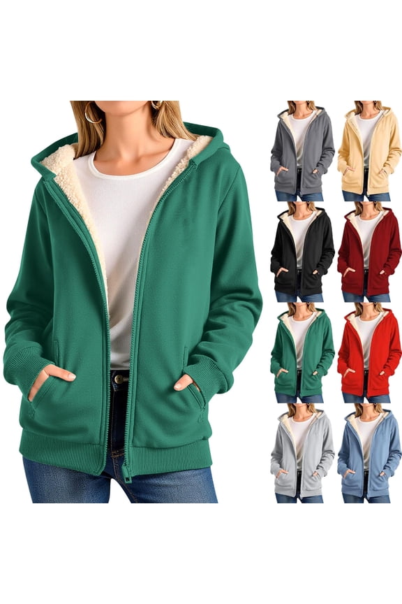 Women Fleece Coat Winter Warm Casual Long Sleeve Hooded Solid Sweatshirt Plus Size Winter Cardigan Pockets Plush Hooded Jacket
