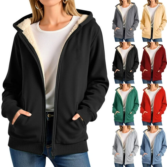 Women Fleece Coat Winter Warm Casual Long Sleeve Hooded Solid Sweatshirt Plus Size Winter Cardigan Pockets Plush Hooded Jacket