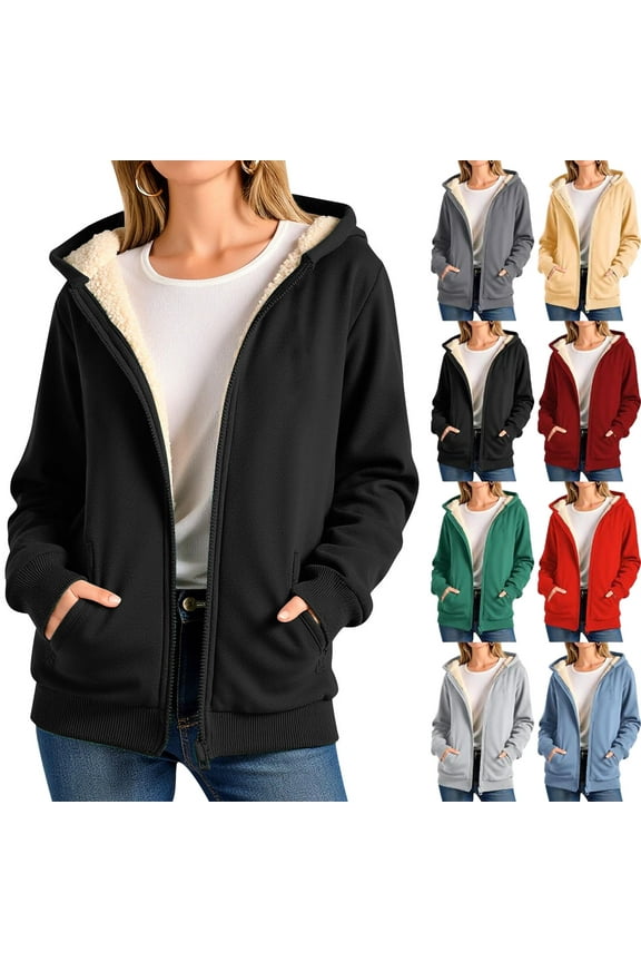 Women Fleece Coat Winter Warm Casual Long Sleeve Hooded Solid Sweatshirt Plus Size Winter Cardigan Pockets Plush Hooded Jacket