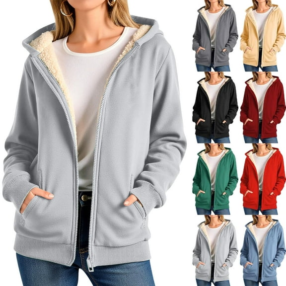 Women Fleece Coat Winter Warm Casual Long Sleeve Hooded Solid Sweatshirt Plus Size Winter Cardigan Pockets Plush Hooded Jacket