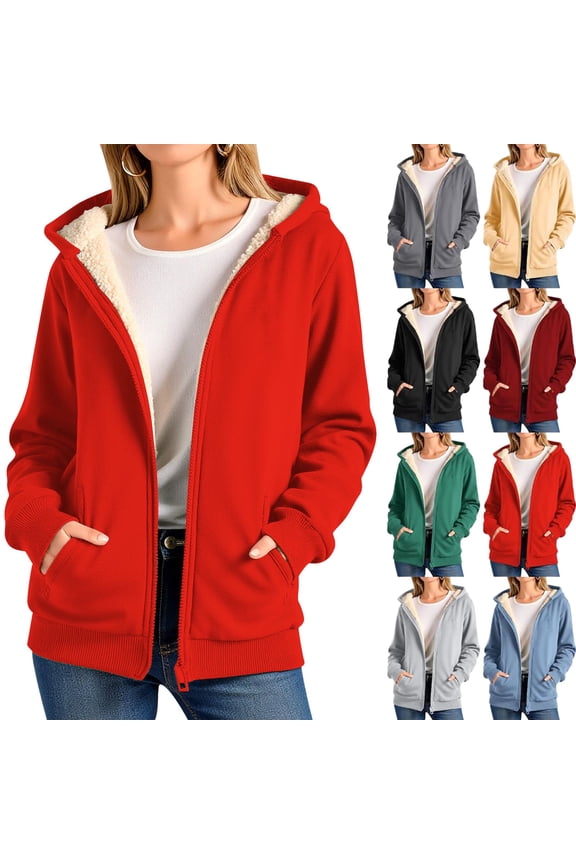 Women Fleece Coat Winter Warm Casual Long Sleeve Hooded Solid Sweatshirt Plus Size Winter Cardigan Pockets Plush Hooded Jacket