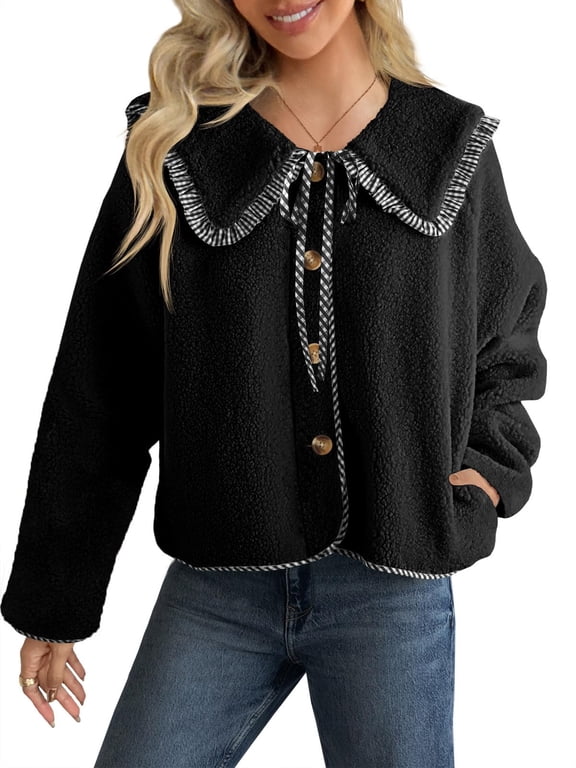 Women Fleece Cropped Jacket, Peter‑Pan Collar Bow Tie Button‑Front Long Sleeve Coat