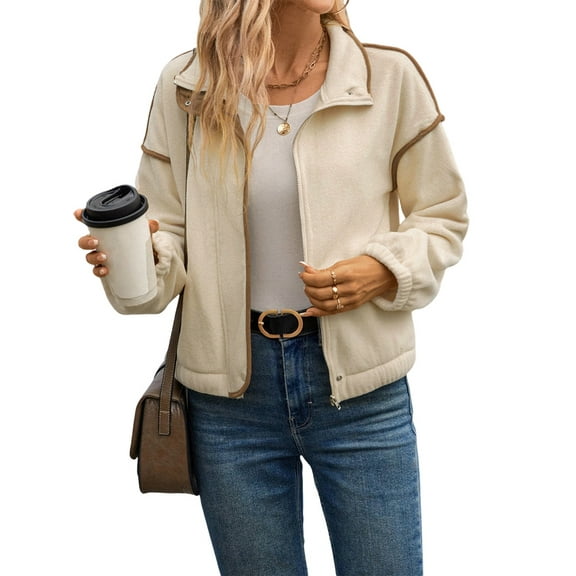 Women Fleece Cropped Stand Collar Color Block Zip Up Jacket Thickened Warm Fall Coat Fashion Apricot S