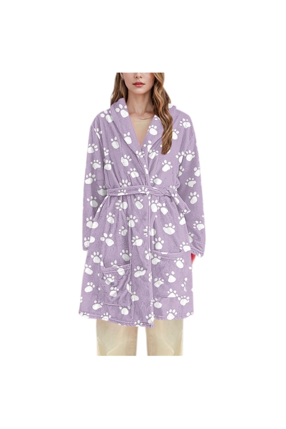 Women Fleece Dog Paw Print Bathrobe Soft Flannel Lounge Robe Cute Fall Short Robe Lightweight Warm Gown with Belt