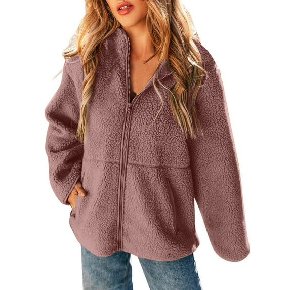 Women Fleece Fuzzy Jacket No Hood Casual Warm Winter Full Zip Up Sweater Coats Long Sleeve Solid Color Outwear (L, Purple)