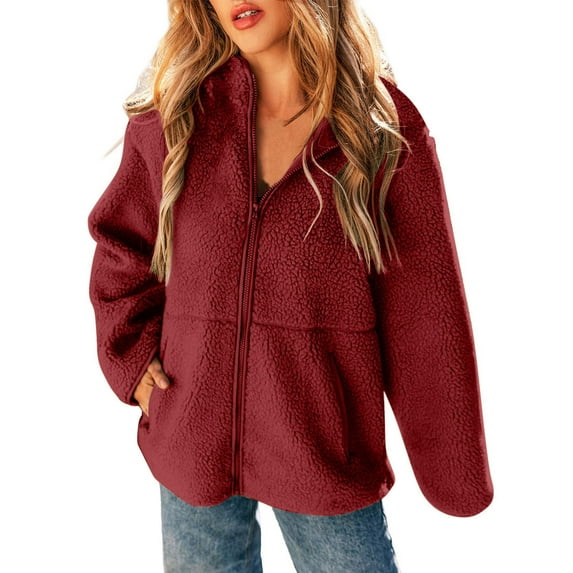 Women Fleece Fuzzy Jacket No Hood Casual Warm Winter Full Zip Up Sweater Coats Long Sleeve Solid Color Outwear (L, Wine)