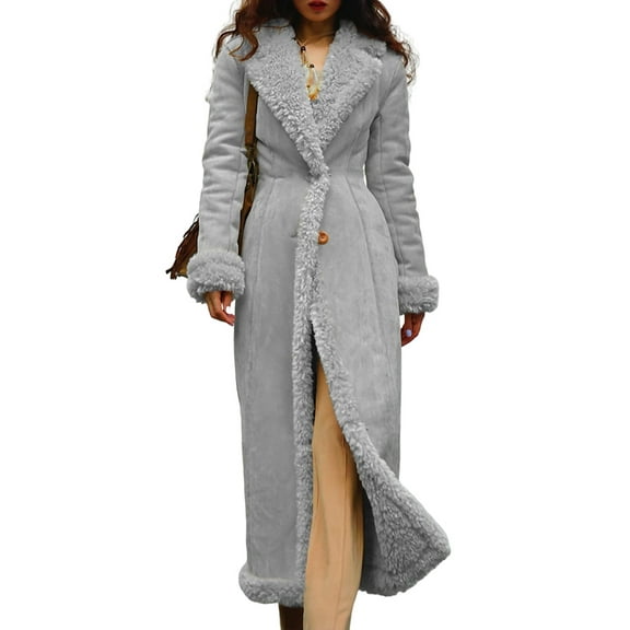 Women Fleece Fuzzy Lapel Faux Fur Lined Trench Jacket Winter Warm Cardigan Long Overcoat with Pockets Light Gray L
