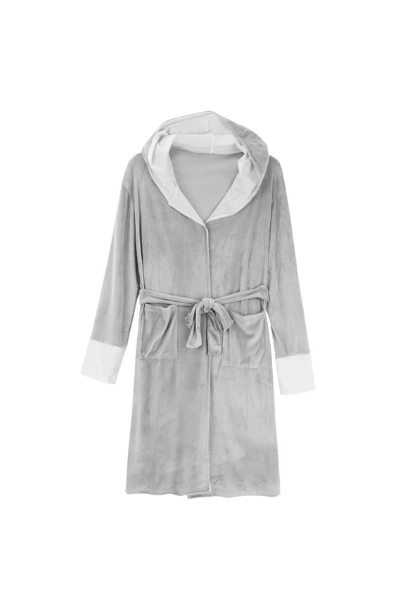 Women Fleece Hooded Bathrobes Fall Winter Warm Knee Length Robes Sleepwear Comfort Housecoat with Pocket New Night Shirts Plus Size Gray 3XL