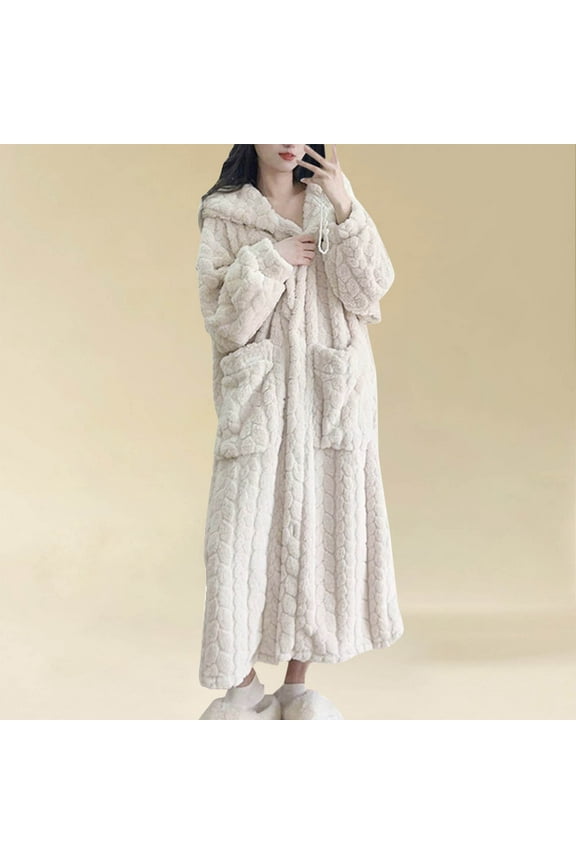 Women Fleece Hooded Robes Long Warm Soft Sleepwear Vintage Loungewear Fall Winter Bathrobes with Pockets New Plus Size Pajamas White XL