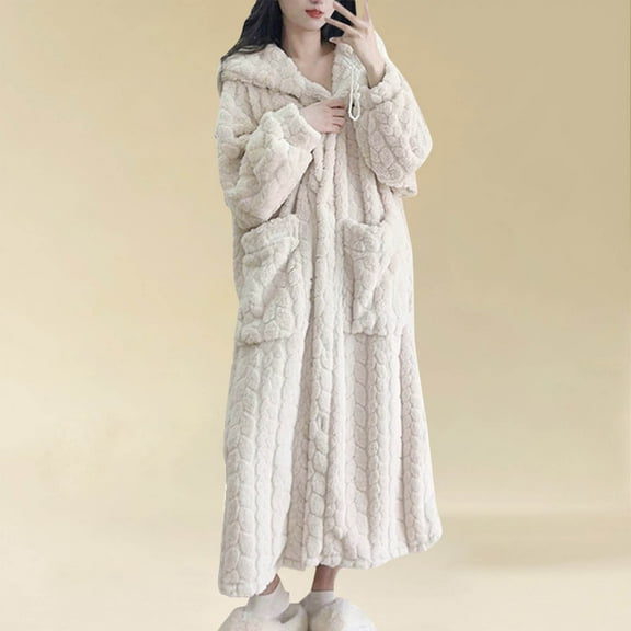 Women Fleece Hooded Robes Long Warm Soft Sleepwear Vintage Loungewear Fall Winter Bathrobes with Pockets New Sleepwear Dress for Women White XXL