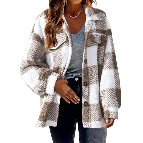 Women Fleece Jacket Button Down Fuzzy Shacket Long Sleeve Plaid Shirts Casual Warm Outwear Coat with Pockets