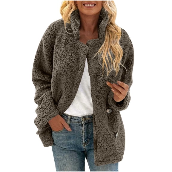 Women Fleece Jacket Button Sherpa Fur Jackets Notch Lapel Coat Thicken Warm Outwear 2025 Fall Winter Clothes Double Breasted Wool Blend Jacket Trendy Outfits Soft Overcoat