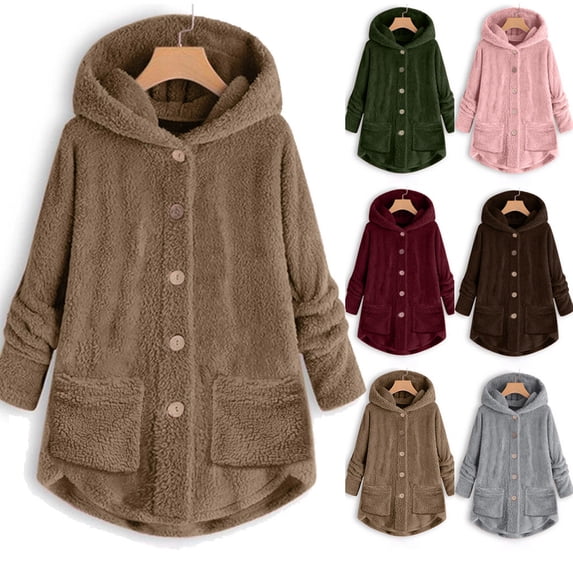 Women Fleece Jacket Button Down Sherpa Hooded Coat Teddy Bear Jacket for Women Long Sleeve Solid Hoodies Oversized Fluffy Pajamas Coats Winter Warm Outerwear with Pocket, Khaki, L
