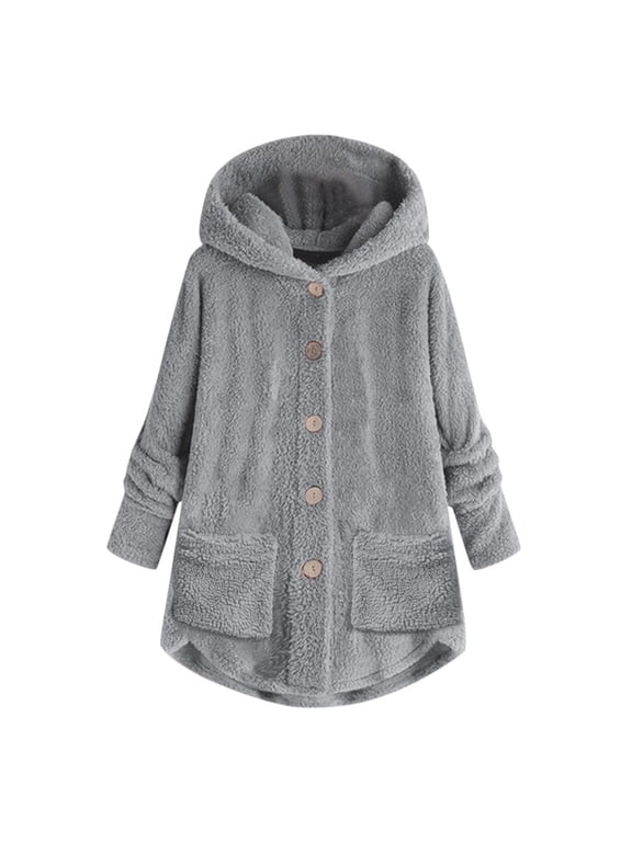 Women Fleece Jacket Button Down Sherpa Hooded Coat Teddy Bear Jacket for Women Long Sleeve Solid Hoodies Oversized Fluffy Pajamas Coats Winter Warm Outerwear with Pocket, Gray, 3XL
