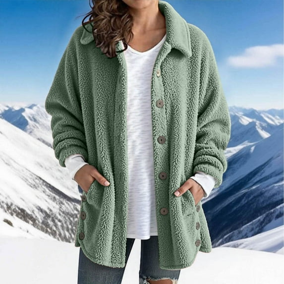 Women Jacket Fuzzy Sherpa Winter Warm Comfy Coats (Green L)