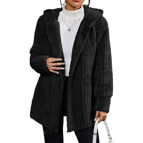 Women Fleece Jacket Skin-Friendly Sweatshirt Sherpa with Pockets Coats Clothes Baggy Hoodies Mock Neck Tops Fashion Outfits Black S