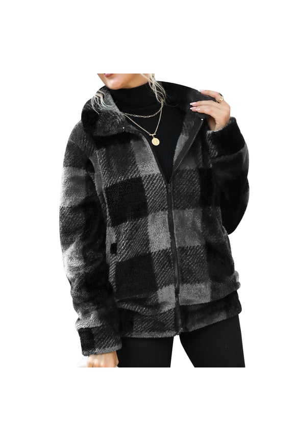 Women Fleece Jacket Zipper Closure Stand Collar Classic Trendy Plaid Pattern Mid Length Double Sided Fleece Coat Gray and Black M