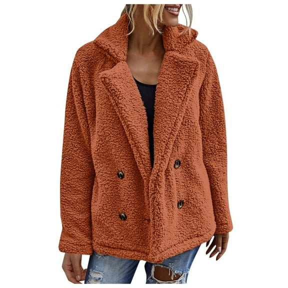 Women Fleece Jackets Fashion Flannel Thick Thermal Coat Casual Loose Fit Comfort Fall Winter Warm Open Front Outerwear With Pocket Orange L