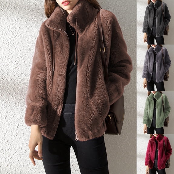 Women Fleece Jackets Trend Casual Flannel Collared Zip Up Coat Loose Fit Fall Winter Warm Open Front Outerwear With Pocket Coffee XXL