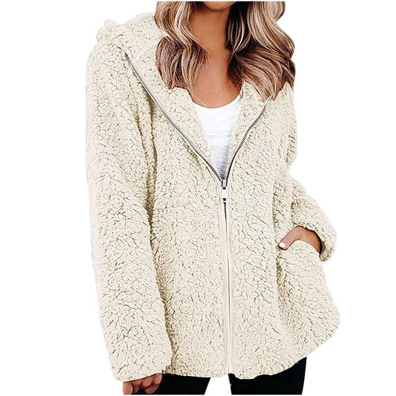 Women Fleece Jackets with Pockets Fashion Oversized Hooded Long Sleeve Soft Zip Up Teddy Bear Outwear Coat for Outdoor