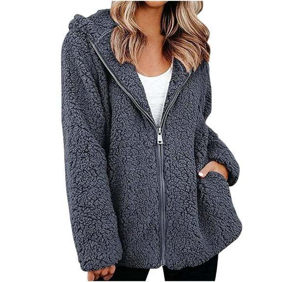Women Fleece Jackets with Pockets Fashion Oversized Hooded Long Sleeve Soft Zip Up Teddy Bear Outwear Coat for Outdoor