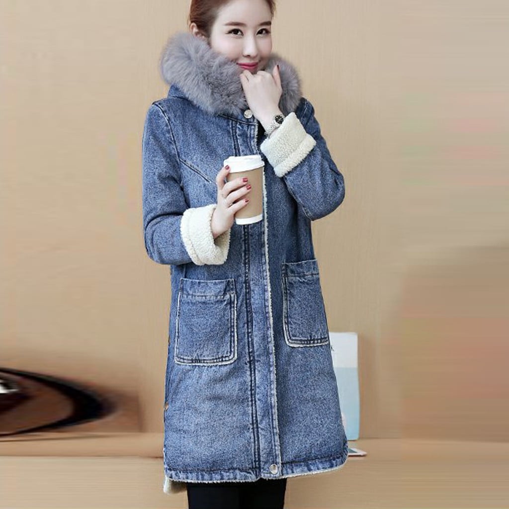 Women Fleece Jean Jacket.Women's Winter Fashion Plush Denim Jacket Thicken Warm Mid Length