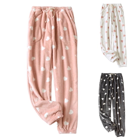 Women Fleece Jogger Pajama Pants Heart Print, Flannel Fuzzy Elastic Waist Loungewear Bottoms with Side Pockets for Winter L