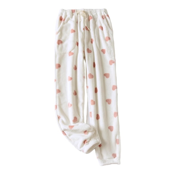 Women Fleece Jogger Pajama Pants Heart Print, Flannel Fuzzy Elastic Waist Loungewear Bottoms with Side Pockets for Winter XL