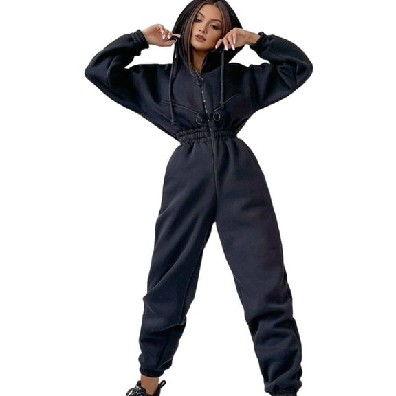 Women Fleece Jumpsuits Outfits Hooded Sweatshirt Set High Waist Ladies Jumpsuit Black S