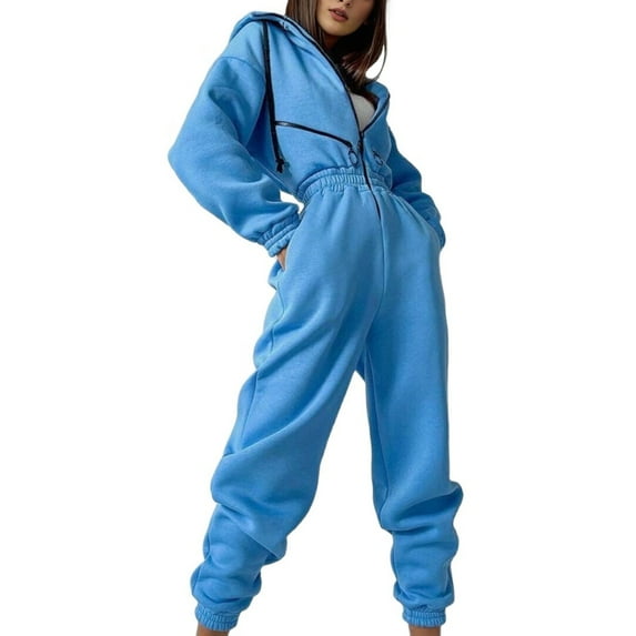 Women Fleece Jumpsuits Outfits Hooded Sweatshirt Set High Waist Ladies Jumpsuit Blue M