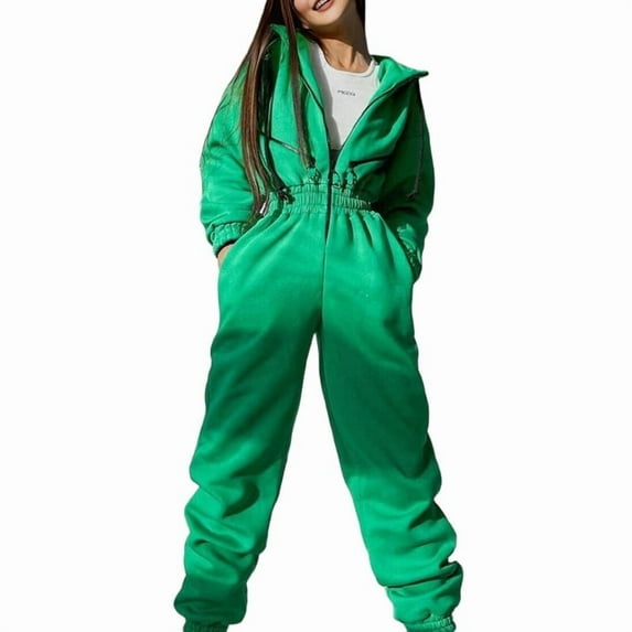 Women Fleece Jumpsuits Outfits Hooded Sweatshirt Set High Waist Ladies Jumpsuit Green S