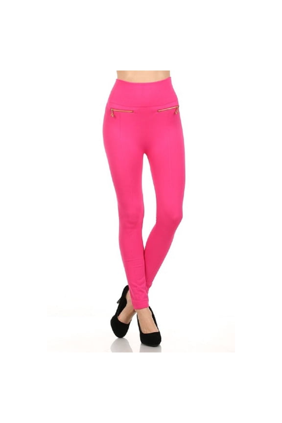 Women Fleece Leggings Mid Waist Strechy Running Sports Pants with Zippers - (Fuchsia)