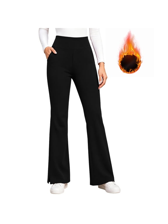 Women Fleece Lined Flared Yoga Pants, Thermal Flare Yoga Pants High Waisted Bootcut Leggings with Pockets Warm Lined Solid Color Workout Pants for Winter Gym Lounge Daily Wear