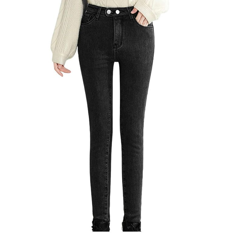 Women Fleece Lined Jeans Thermal Flannel Winter Warm Thicken Skinny Stretch  Denim Pants 