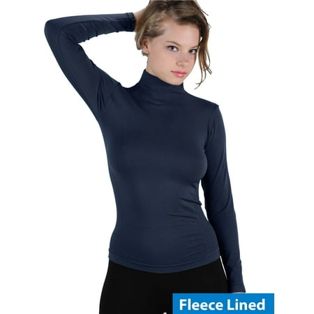 Women Fleece Lined Mock neck Turtleneck Long Sleeve Top Slim Fit Stretch Tight Shirt