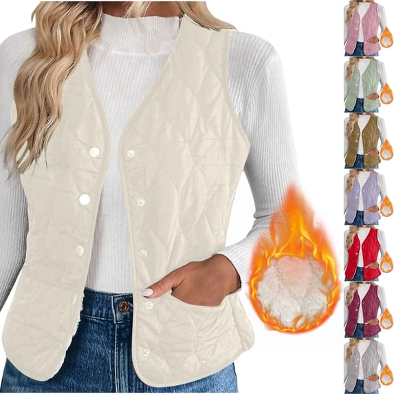 Women Fleece Lined Puffer Vest Casual Quilted V Neck Button Sleeveless Jacket Loose Lightweight Winter Warm Coat With Pocket