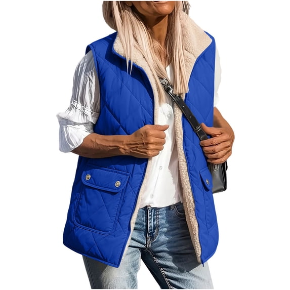 Women Fleece Lined Quilted Vest Sleeveless Zip up Outerwear Lapel Collar Warm Waistcoat Casual Fall Winter Gilet with Pockets Blue L