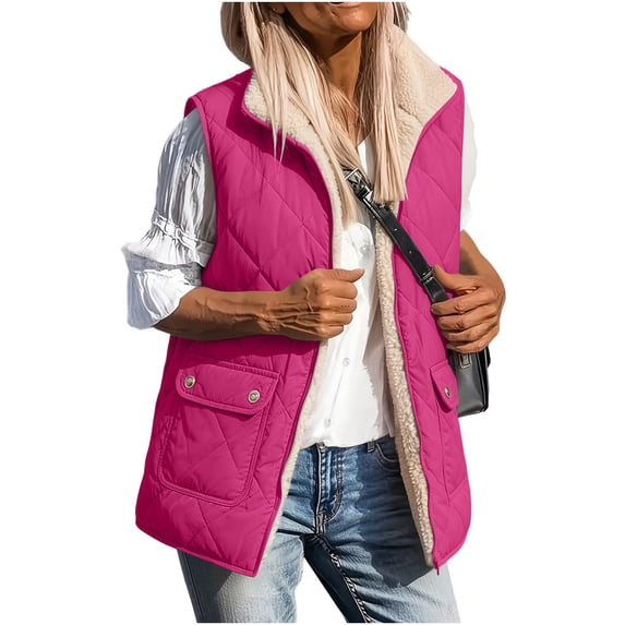 Women Fleece Lined Quilted Vest Sleeveless Zip up Outerwear Lapel Collar Warm Waistcoat Casual Fall Winter Gilet with Pockets XL