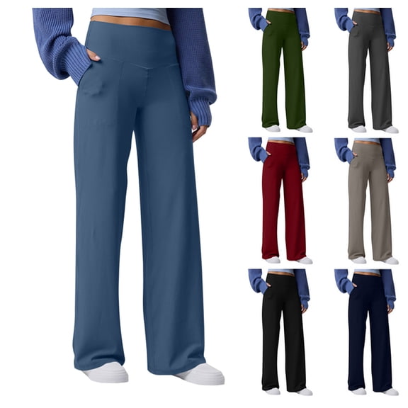 Women Fleece Lined Ribbed Pants with Pockets Wide Leg Winter Thermal Work Trousers Dressy Casual Blue L